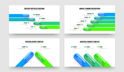 Creative Launch Four Five Two Three Step Diagram Slide Template Vector Illustration Collection. Modern Visualization 4 5 2 3 Option Infographic Presentation Design Set.