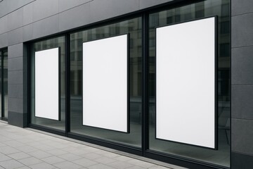 Blank vertical posters on glass windows of modern building for advertising or branding mock-up concept in urban environment. Ai generative