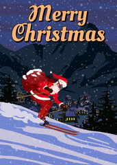 Merry Christmas poster Santa Claus skiing in snow mountains