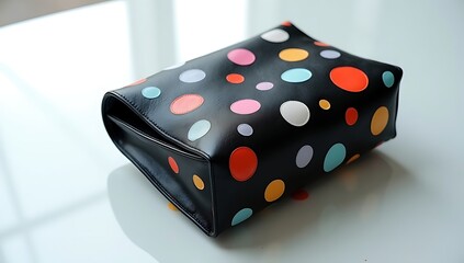 A black leather handbag featuring playful multicolor polka dots, photographed in studio lighting on glossy white surface, minimalist modern product composition.
