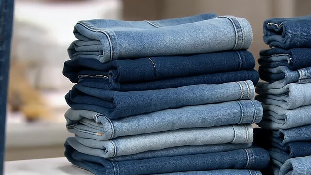 of Neatly Folded Denim Trousers in Various Hues of Blue Creating a