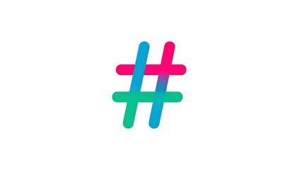 Fototapeta premium Colorful hashtag symbol with gradient from pink to blue to green on a plain white background
