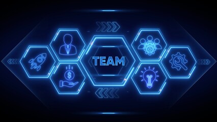 Neon Hexagon Icons Representing Teamwork and Business Concepts collaboration strategy
