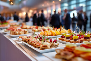 Elegant buffet after a conference in a modern venue, long table with assorted canapas, mini sandwiches, fruit and beverages, warm ambient lighting, blurred business attendees in ba
