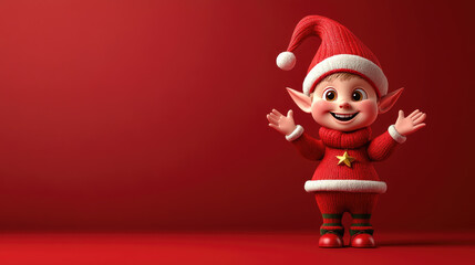 Christmas elf holiday character, 3D illustration in playful pose isolated on transparent red background with space for text, festive cartoon mascot design for seasonal advertising and greeting cards