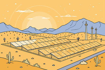 Solar panels in a desert with heat haze.