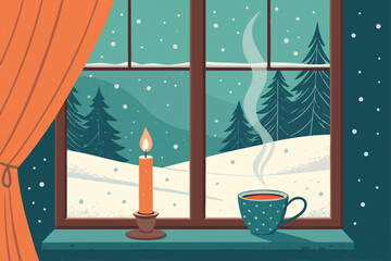 Cozy winter scene from inside a snow-covered window.