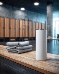 Modern Gym Interior with Tumbler and Towels on Wooden Bench