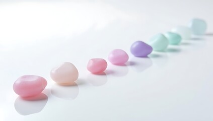 Smooth candy-colored stones arranged in gradient order on a glossy surface, symbolizing balance, simplicity, and visual harmony.