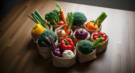 A still-life composition featuring an assortment of fresh vegetables arranged in small, open brown paper bags.
