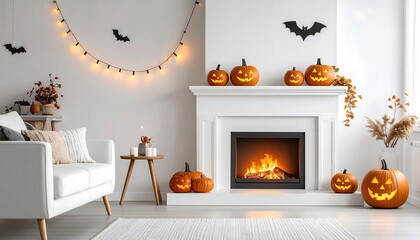 Cozy room with lit fireplace, jack-o'-lanterns, and bats. Garlands of lights decorate the wall above sofa