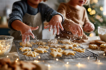 Holiday baking scene with kids handprints in flour on table, cookie dough cut into stars, gingerbread cooling on rack, string lights in background, playful messy coziness, beautif