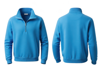 Front and back view of a blue quarter zip sweatshirt on black background