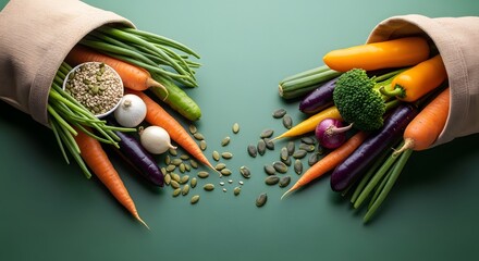 a vibrant collection of fresh produce against a solid, muted teal-green background.