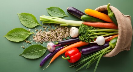 A burlap bag, positioned in the upper right quadrant of the frame, spills an assortment of fresh vegetables onto a solid green surface.