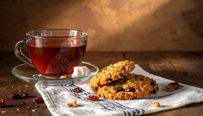 Dark tea in glass cup with saucer and cookies on rustic wood table with cloth. Warm light shining from background