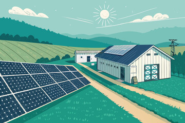 Solar panels and eco-barns in a rural landscape.