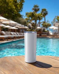 Naklejka premium Refreshing Beverage in Stylish Tumbler by Serene Poolside Setting