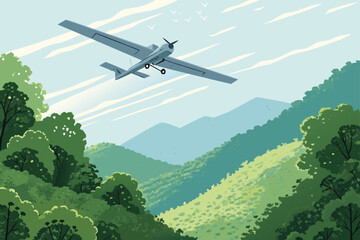 Solar-powered drone soars over a lush green valley.