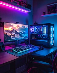 Naklejka premium Modern workstation featuring a powerful desktop, ambient lighting, and peripherals