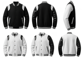 Views of black and white varsity jackets on a black background