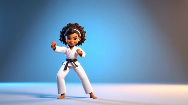 A young cartoon girl in a karate uniform strikes a pose. She has curly hair and a white headband