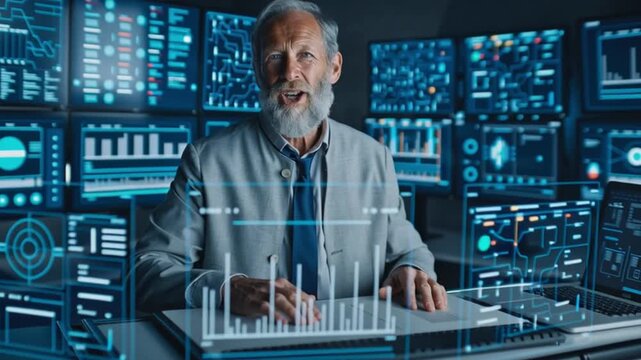 The Architect of Digital Intelligence: A seasoned expert in the field, is surrounded by an array of monitors displaying intricate data, charting the course of innovation.