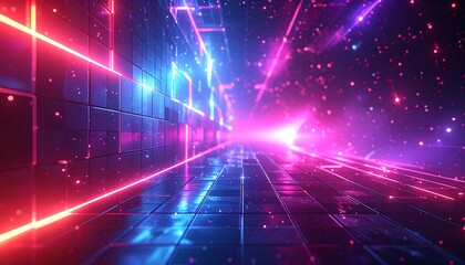 Fototapeta premium Neon lit hallway with squares, particles, and bright end light