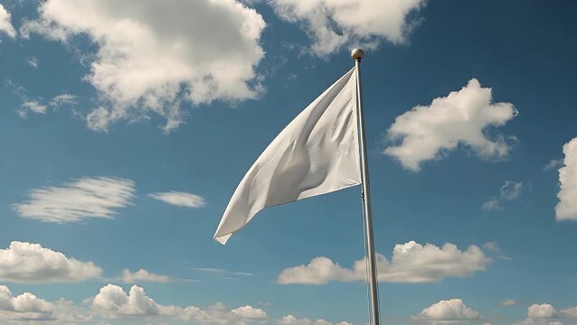 White Flag Undulating and Flapping Gently in the Breeze Against a Backdrop of a Clear Azure Sky on a Bright Sunny