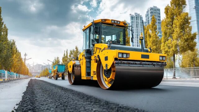 A yellow road roller compacts asphalt on a city street, with another truck in the distance