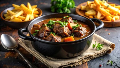 Hearty Beef Stew in a Dark Bowl Garnished with Fresh Parsley Served Beside Golden French Fries on a Textured Surface