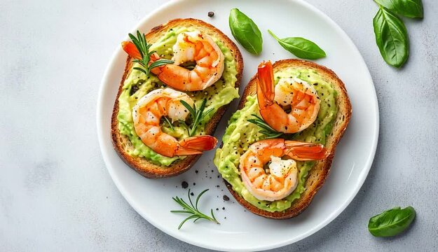 Overhead flat lay food photography, two avocado toast bruschetta topped with cooked shrimp on white round plate, mashed avocado spread on toasted baguette slices, garnished with fresh rosemary sprig