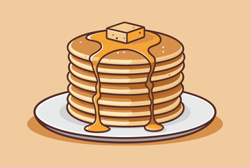 Stack of delicious pancakes with syrup dripping, flat lay.
