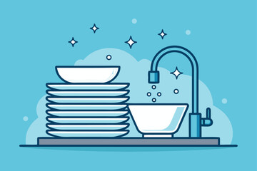 Stack of plates being washed in sink, flat, bold o.