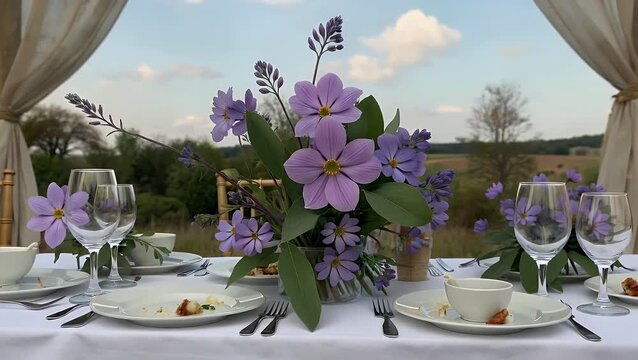elegantly decorated dining table setup for a formal wedding reception  adorned with blooming lilac floral arrangements and sophisticated dinnerware embodying a rustic countryside