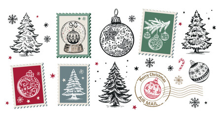 Christmas Stamps, cookie, tree, ball, set on white, Hand drawn illustration	
