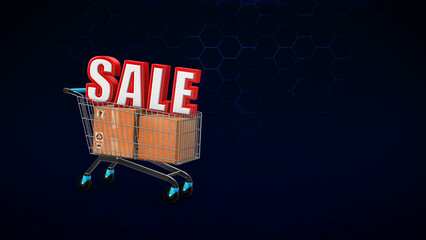 Online Shopping Cart with Boxes and SALE Text on Hexagonal Technology Background