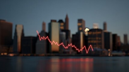 City skyline silhouetted at dusk, a jagged red line illuminates urban financial heartbeat, echoing Cyber Monday's digital commerce pulse