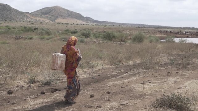 African women transports a water canister on her back