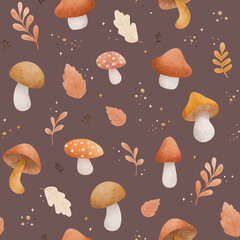 Mushrooms seamless pattern design on brown background. Autumn print with forest elements for fabrics, clothes, wallpaper, wrapping paper.