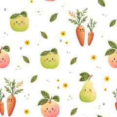 Cute seamless pattern design. Print with apple, pear and carrot for fabrics, clothes, wrapping paper