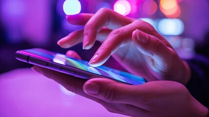 Woman using smartphone mobile app technology purple light fingers