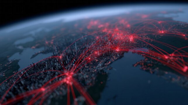 Aerial digital nexus over Earth bursts in crimson veins, like cybernetic dragon paths, perfect for SysAdmin Day or Tech Rebellion Day