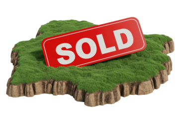 3D rendering of a grass-covered land plot with a rocky base, featuring a red 'SOLD' sign, implying real estate transaction. background removed