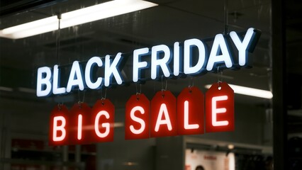Neon "Black Friday" sign with red "Big Sale" price tags hanging in row on storefront window