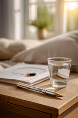 A tidy nightstand shows a glass of water, a pen, a bracelet, and some paper illuminated by sunlight streaming through a window.