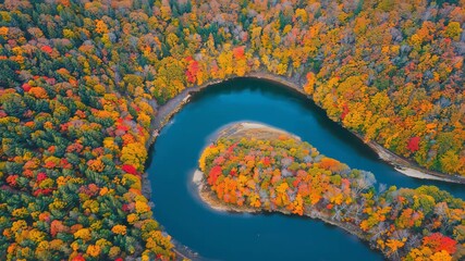 “Autumn River Horseshoe Bend Aerial | Top-Down Drone Forest Landscape | Vibrant Fall Foliage” - Powered by Adobe
