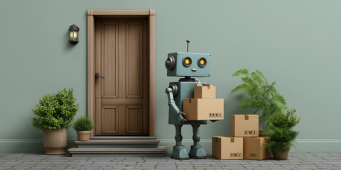 Delivery robot carrying packages at a house, ready for automated and contactless service. Home delivery of goods is the new normal.
