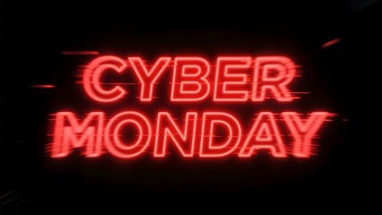 "CYBER MONDAY" red neon text with glitch effect on black background