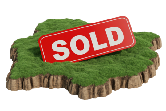 3D rendering of a grass-covered land plot with a rocky base, featuring a red 'SOLD' sign, implying real estate transaction. background removed - Powered by Adobe